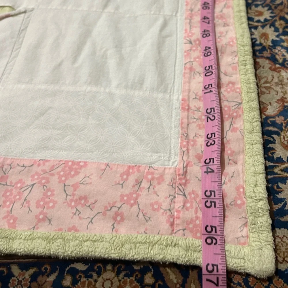 GUC Modern handmade quilt in corals, pinks and greens. Nursery. Needs TLC repair